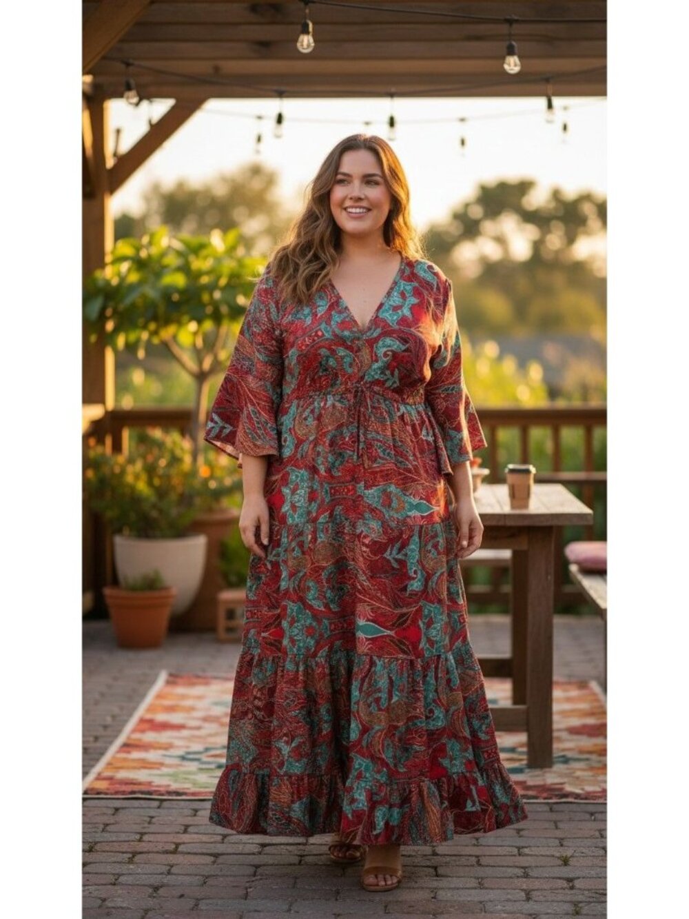 Boho-Inspired Plus Size Maxi Dress With Paisley Print V-Neck Bell Sleeves Gypset
